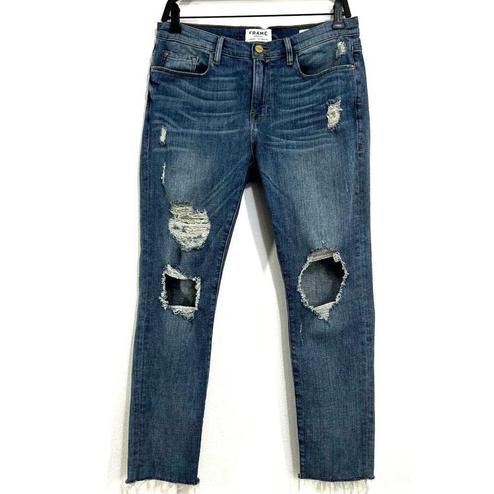 Frame Jeans Womens 27 Distressed Le Garcon Skinny Leg Blue Cotton Raw Hem Casual